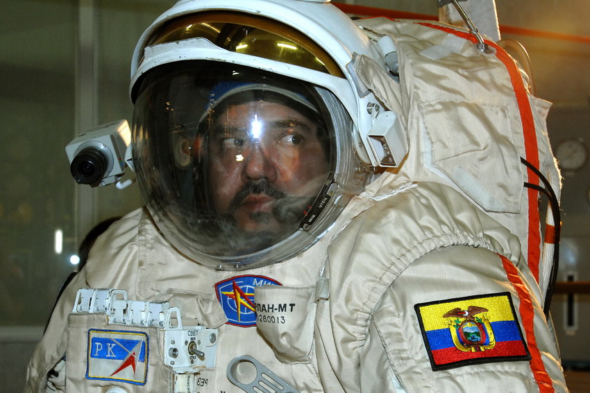 Ronnie Nader clad in the Orlan-M EVA space suit